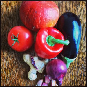 Ingredienten pompoen aubergine curry
